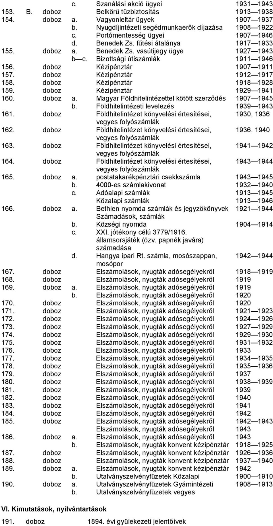 doboz Kézipénztár 1912 1917 158. doboz Kézipénztár 1918 1928 159. doboz Kézipénztár 1929 1941 160. doboz a. Magyar Földhitelintézettel kötött szerződés 1907 1945 b.