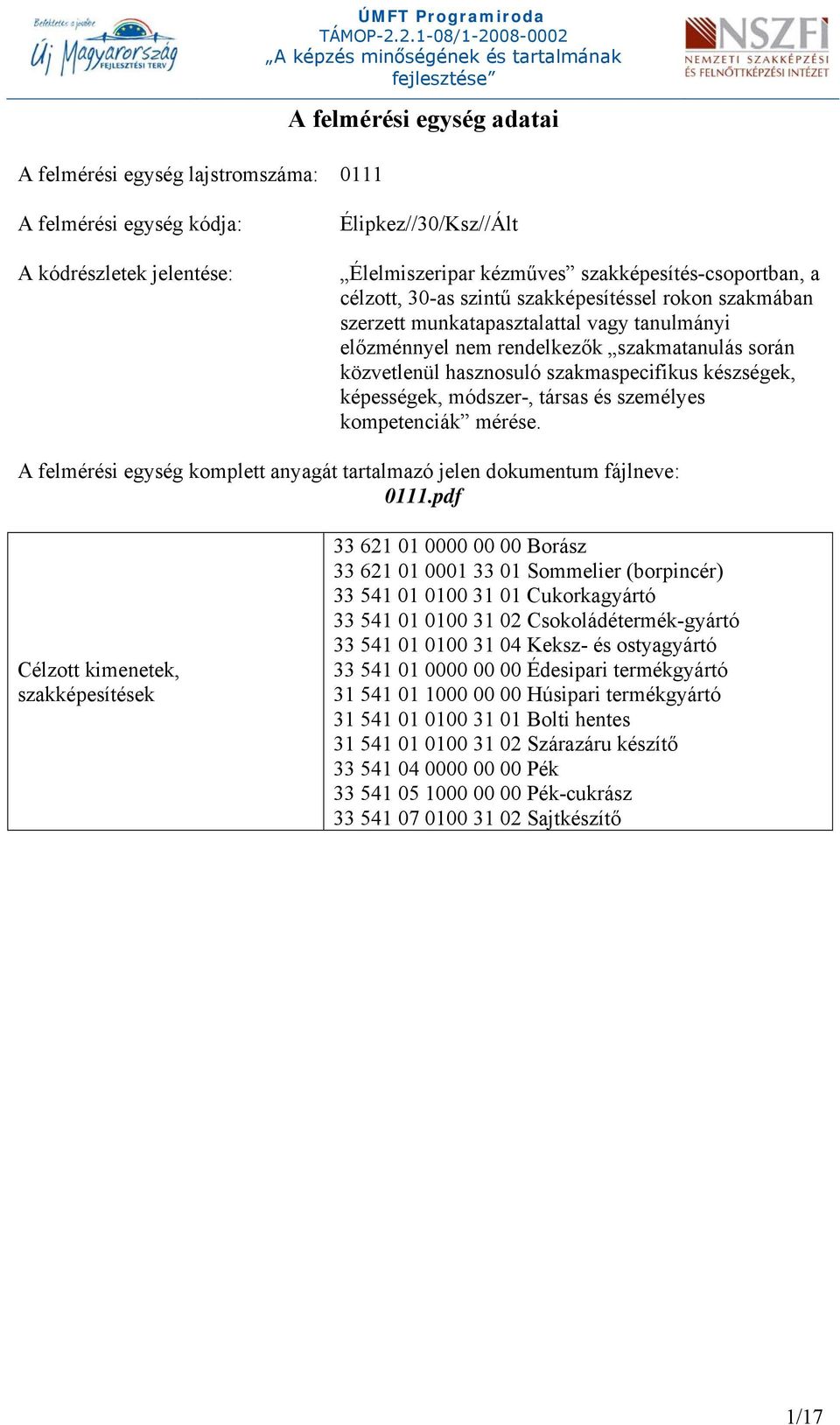 szakmaspecifikus készségek, képességek, módszer-, társas és személyes kompetenciák mérése. A felmérési egység komplett anyagát tartalmazó jelen dokumentum fájlneve: 0111.