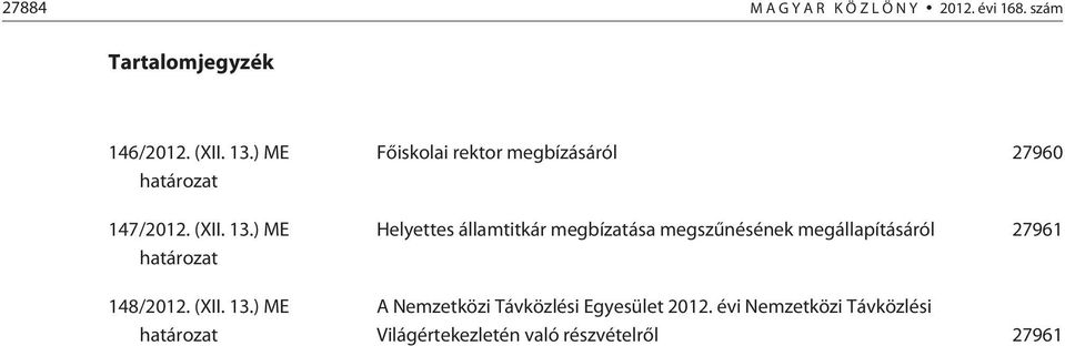 ) ME határozat 148/2012. (XII. 13.