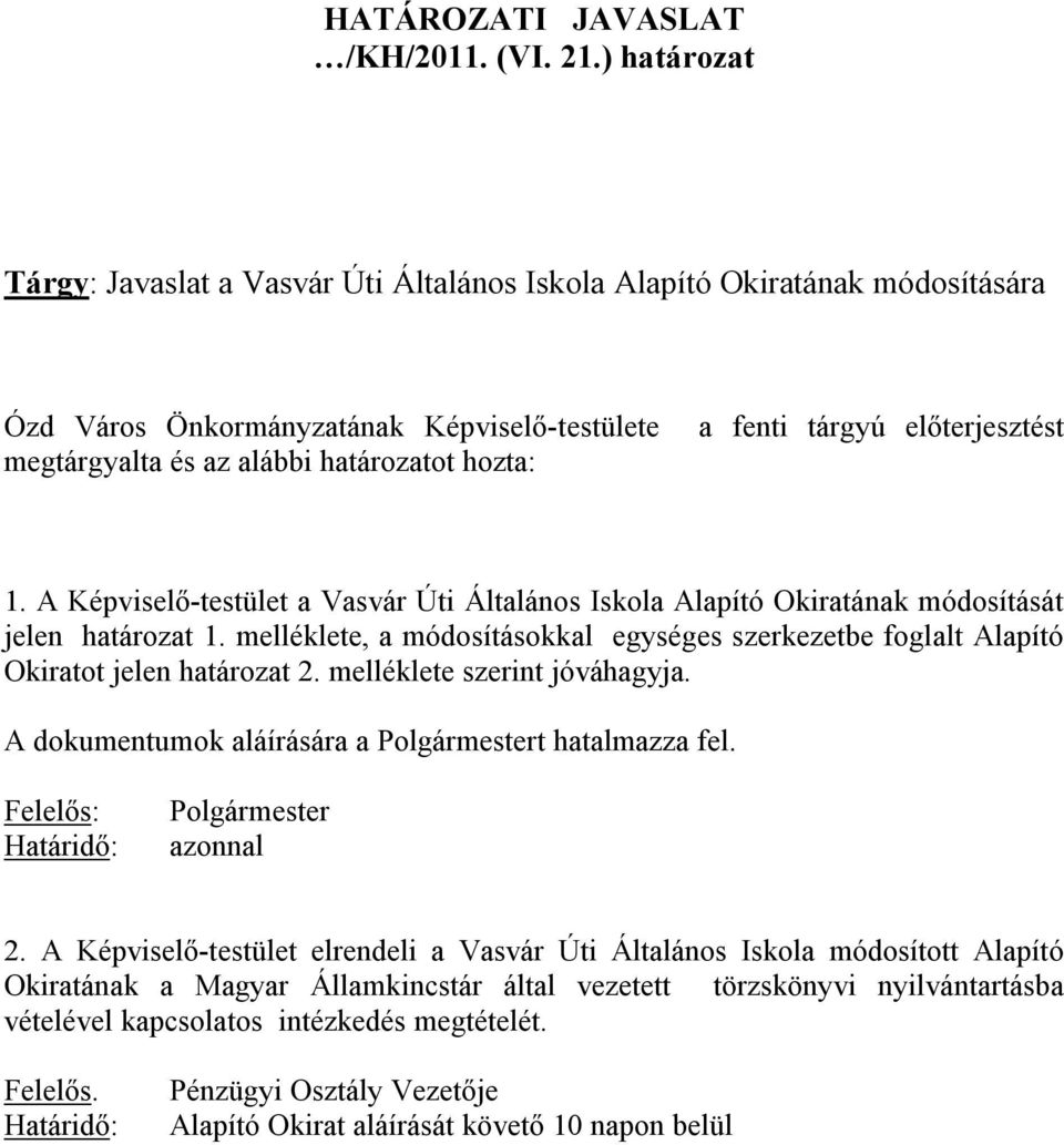 előterjesztést 1. A Képviselő-testület a Vasvár Úti Általános Iskola Alapító Okiratának módosítását jelen határozat 1.