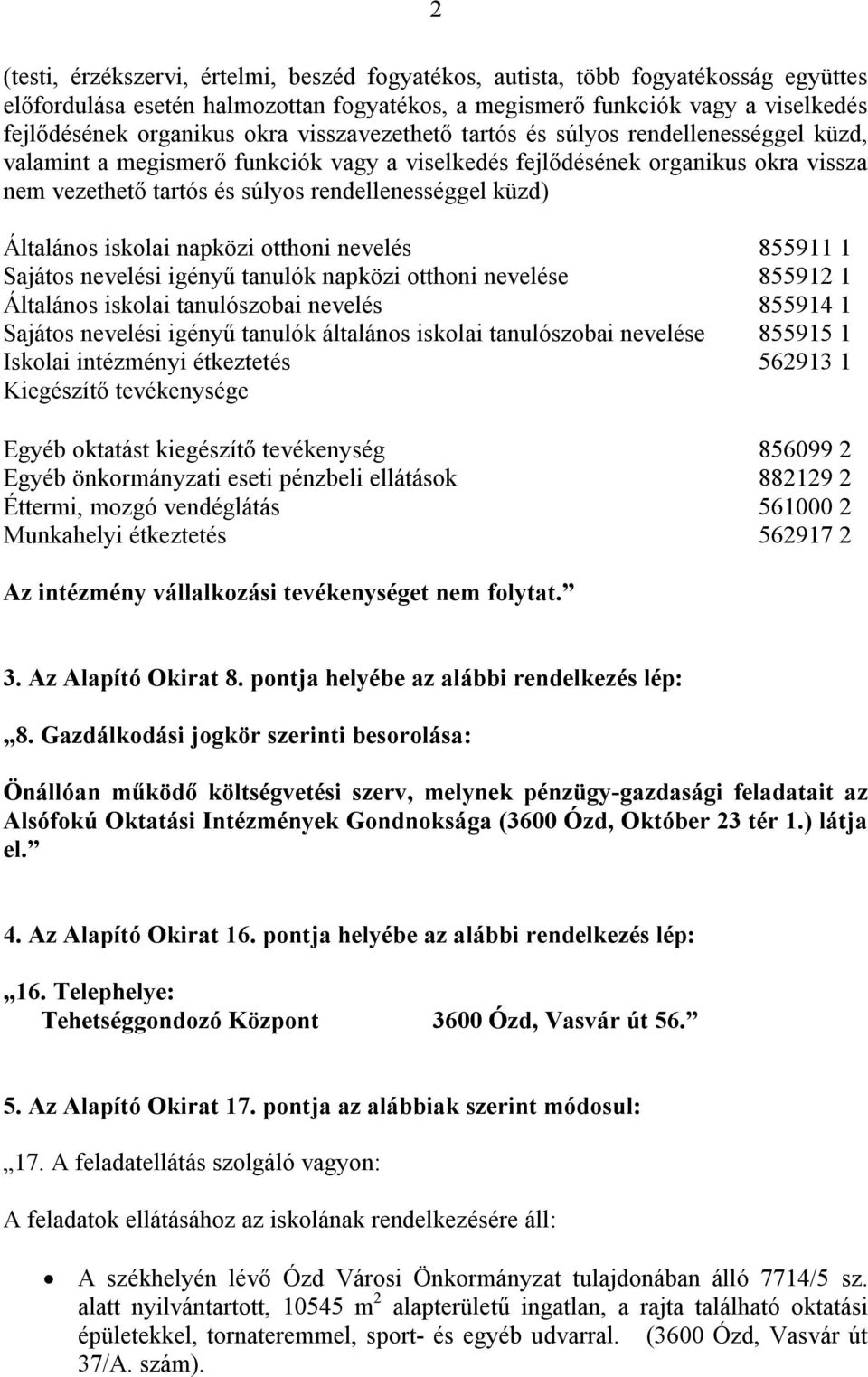 Általános iskolai napközi otthoni nevelés 855911 1 Sajátos nevelési igényű tanulók napközi otthoni nevelése 855912 1 Általános iskolai tanulószobai nevelés 855914 1 Sajátos nevelési igényű tanulók