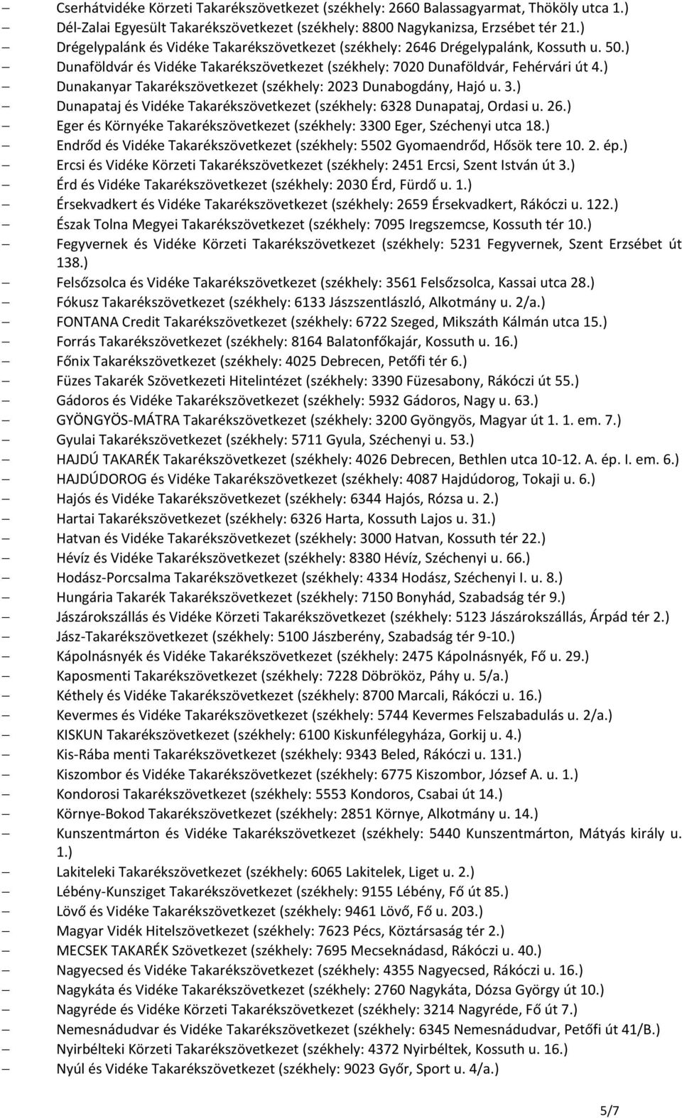 ) Dunakanyar Takarékszövetkezet (székhely: 2023 Dunabogdány, Hajó u. 3.) Dunapataj és Vidéke Takarékszövetkezet (székhely: 6328 Dunapataj, Ordasi u. 26.