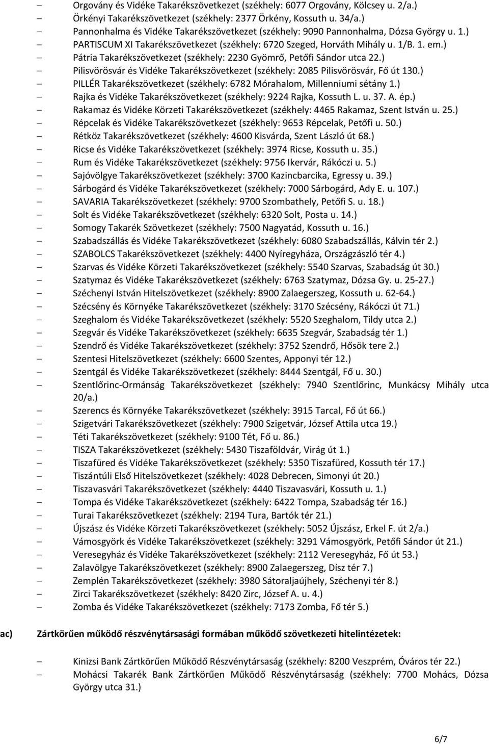 ) Pátria Takarékszövetkezet (székhely: 2230 Gyömrő, Petőfi Sándor utca 22.) Pilisvörösvár és Vidéke Takarékszövetkezet (székhely: 2085 Pilisvörösvár, Fő út 130.