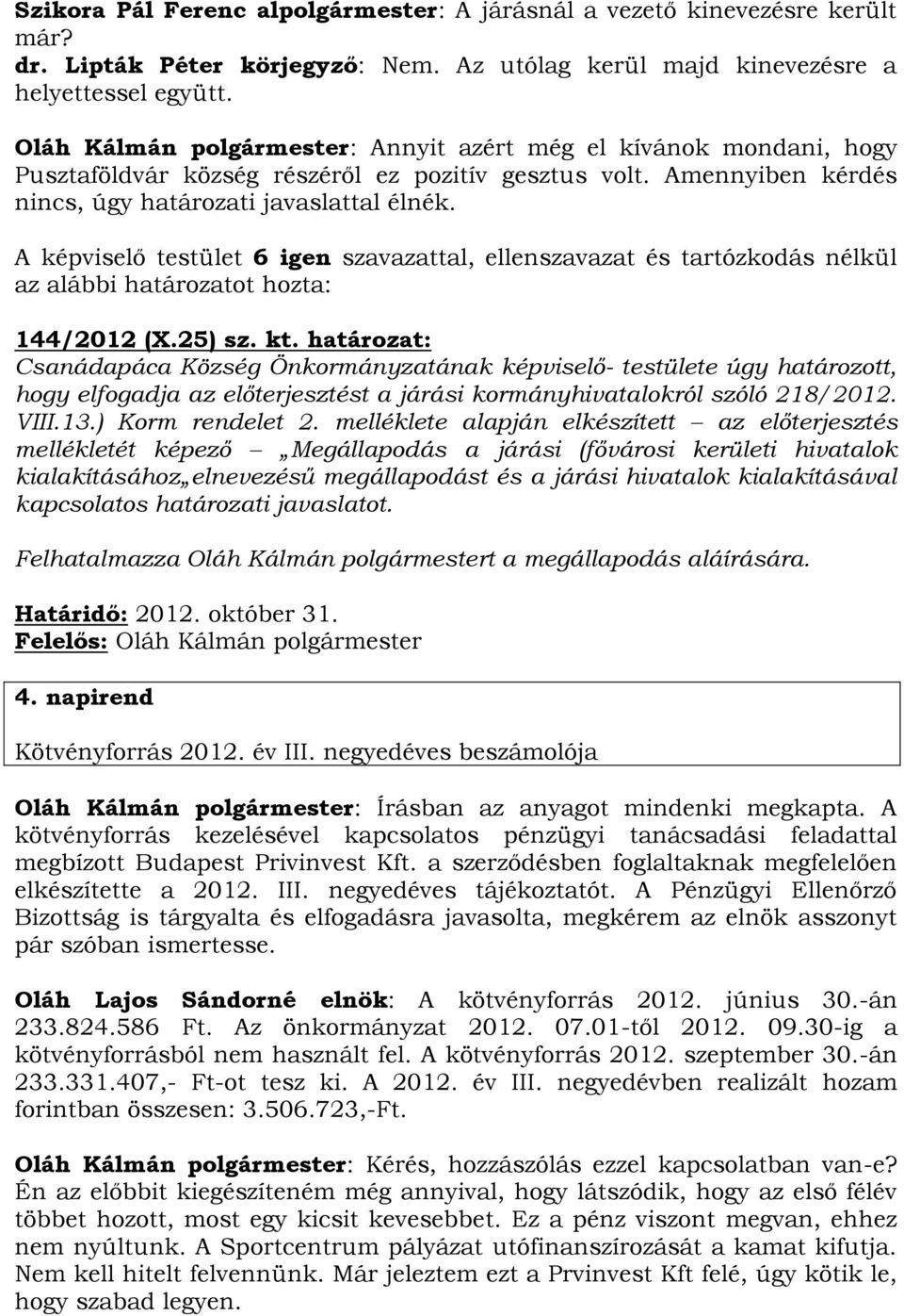 A képviselő testület 6 igen szavazattal, ellenszavazat és tartózkodás nélkül 144/2012 (X.25) sz. kt.