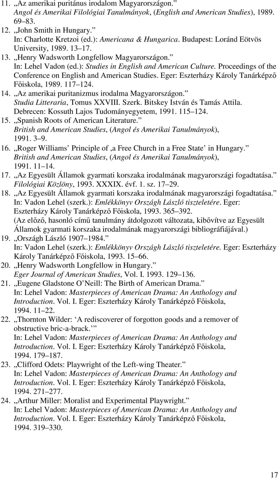 Proceedings of the Conference on English and American Studies. Eger: Eszterházy Károly Tanárképző Főiskola, 1989. 117 124. 14. Az amerikai puritanizmus irodalma Magyarországon.