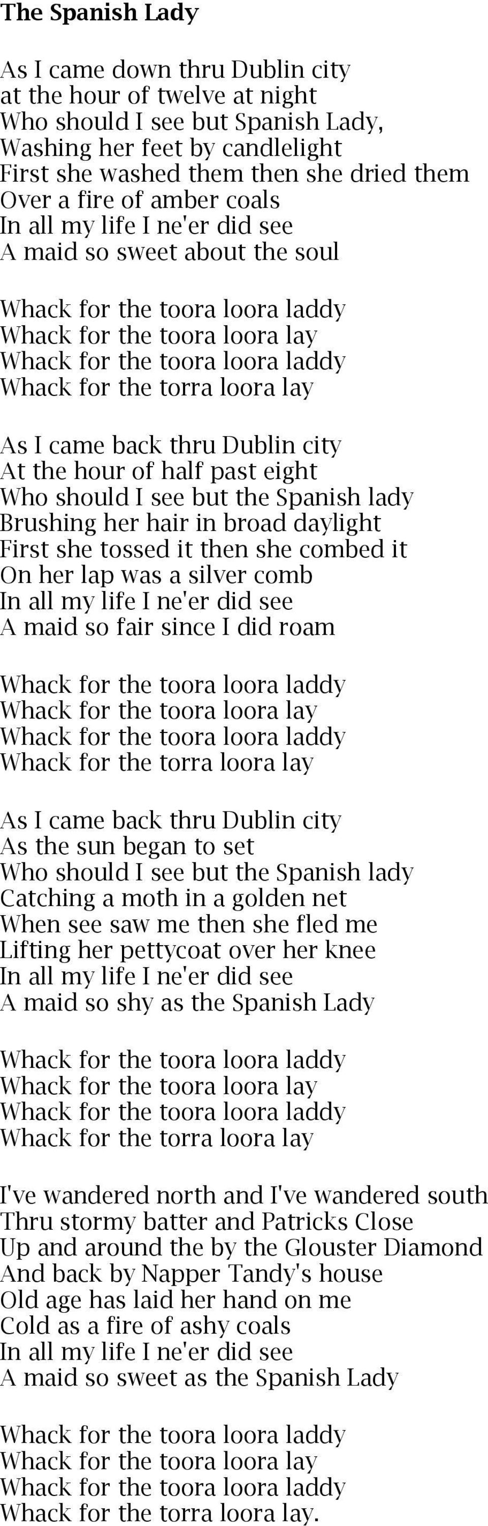 loora lay As I came back thru Dublin city At the hour of half past eight Who should I see but the Spanish lady Brushing her hair in broad daylight First she tossed it then she combed it On her lap