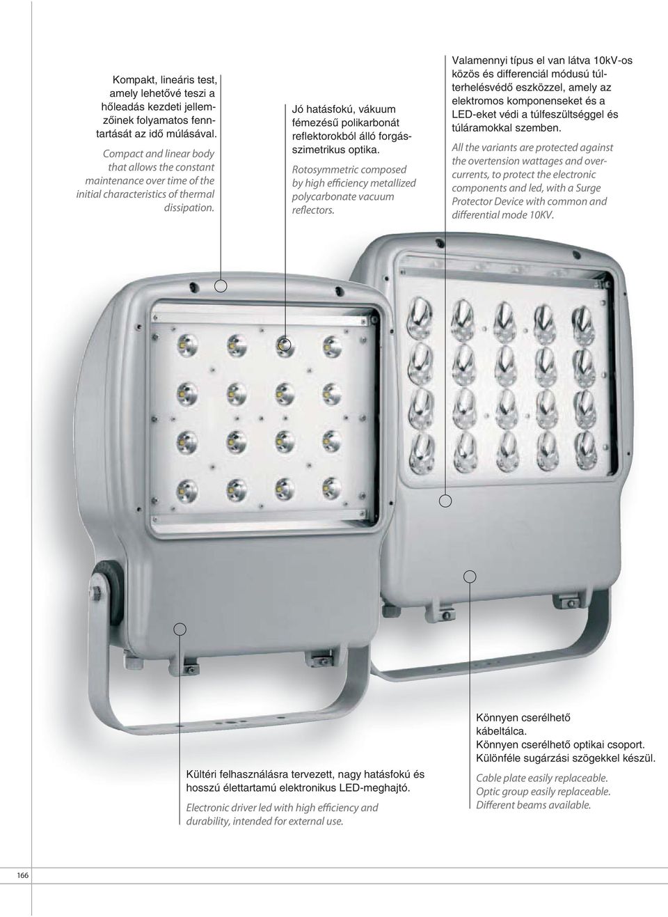 Jó hatásfokú, vákuum fémezésû polikarbonát reflektorokból álló forgásszimetrikus optika. Rotosymmetric composed by high efficiency metallized polycarbonate vacuum reflectors.