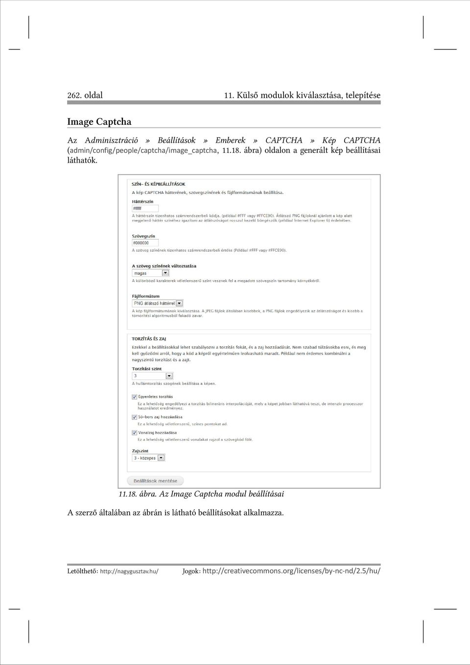 CAPTCHA (admin/config/people/captcha/image_captcha, 11.18. ábra) oldalon a generált kép beállításai láthatók.
