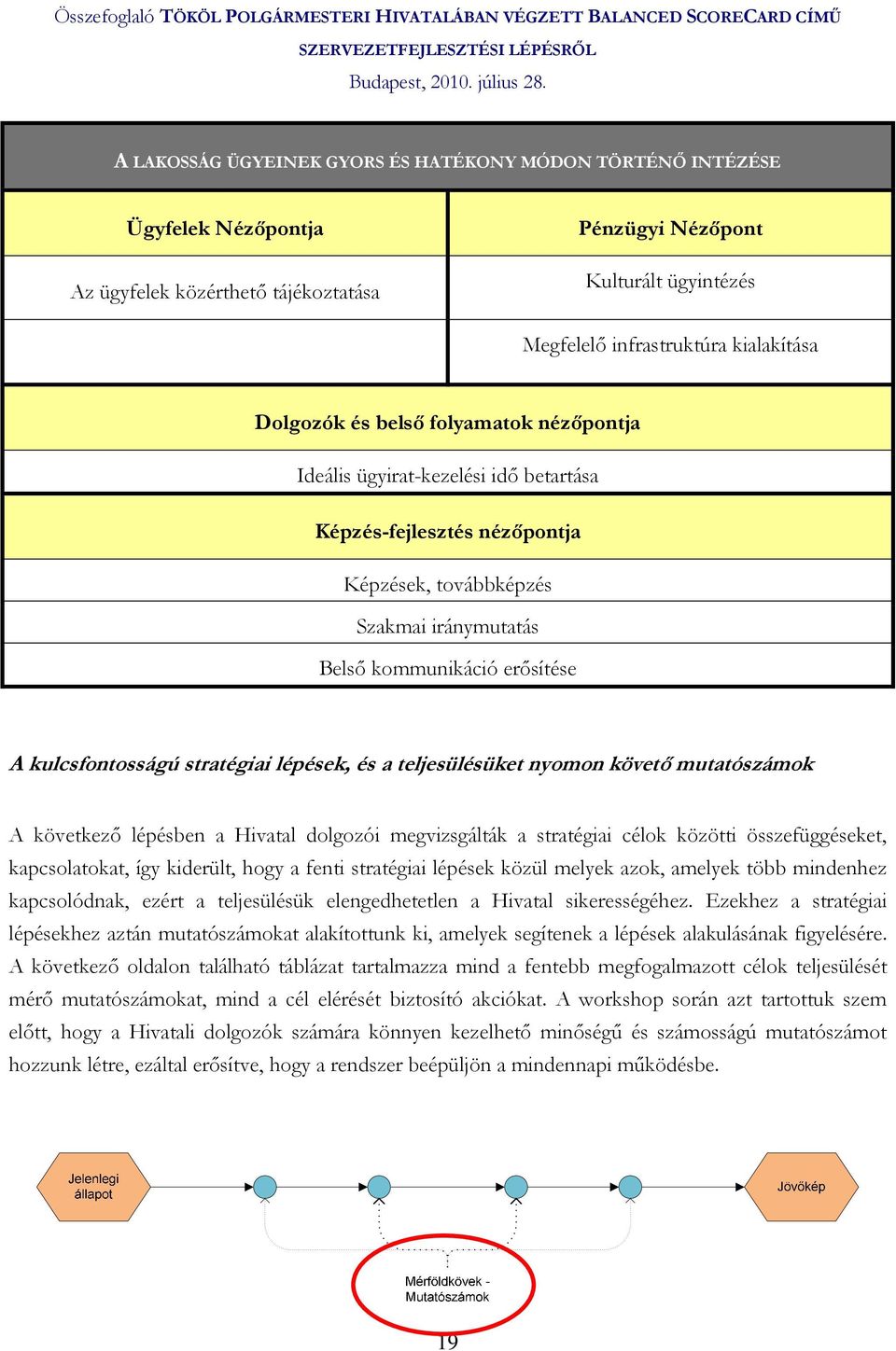stratégiai lépések, és a teljesülésüket nyomon követı mutatószámok A következı lépésben a Hivatal dolgozói megvizsgálták a stratégiai célok közötti összefüggéseket, kapcsolatokat, így kiderült, hogy