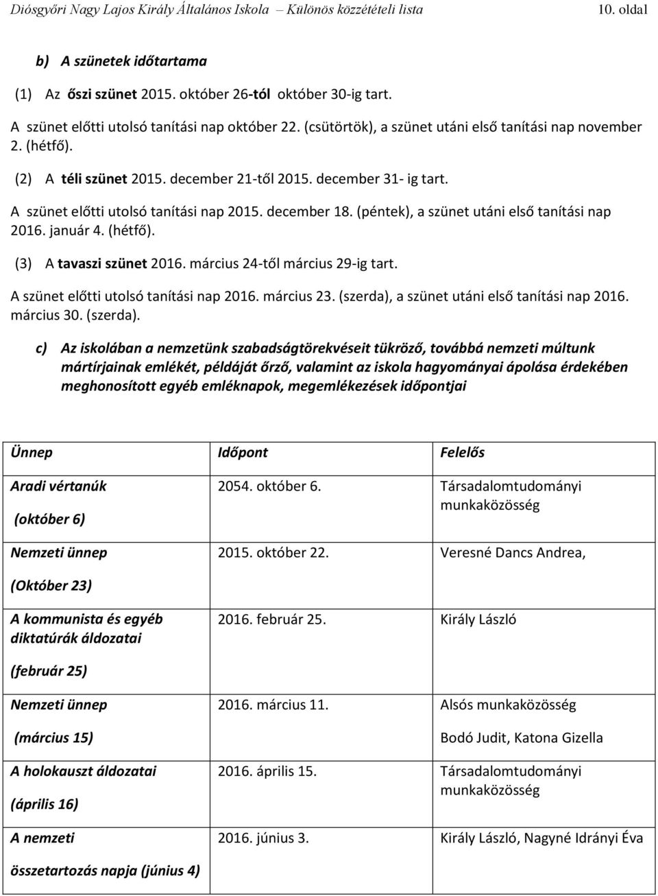 (3) A tavaszi szünet 2016. március 24-től március 29-ig tart. A szünet előtti utolsó tanítási nap 2016. március 23. (szerda),