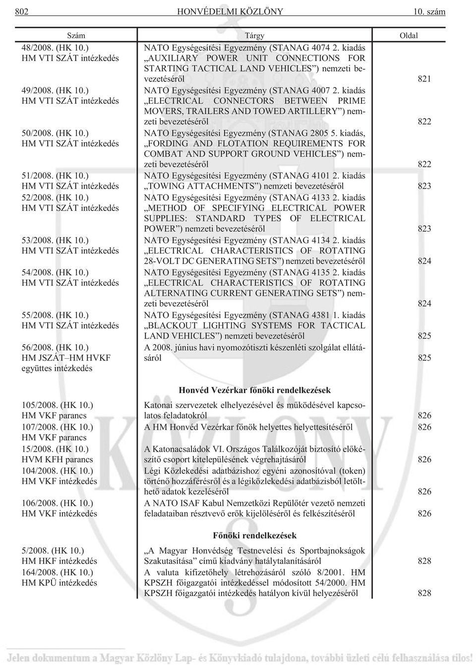 (HK 10.) HM VTI SZÁT intézkedés 52/2008. (HK 10.) HM VTI SZÁT intézkedés 53/2008. (HK 10.) HM VTI SZÁT intézkedés 54/2008. (HK 10.) HM VTI SZÁT intézkedés 55/2008. (HK 10.) HM VTI SZÁT intézkedés 56/2008.