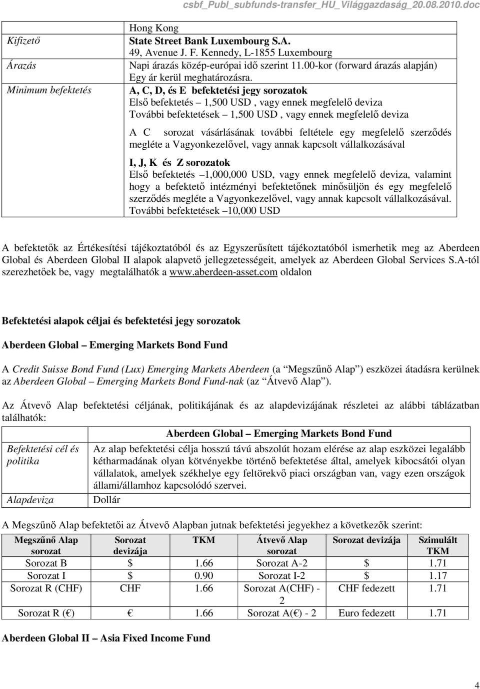 A, C, D, és E befektetési jegy ok Első befektetés 1,500 USD, vagy ennek megfelelő deviza További befektetések 1,500 USD, vagy ennek megfelelő deviza A C vásárlásának további feltétele egy megfelelő