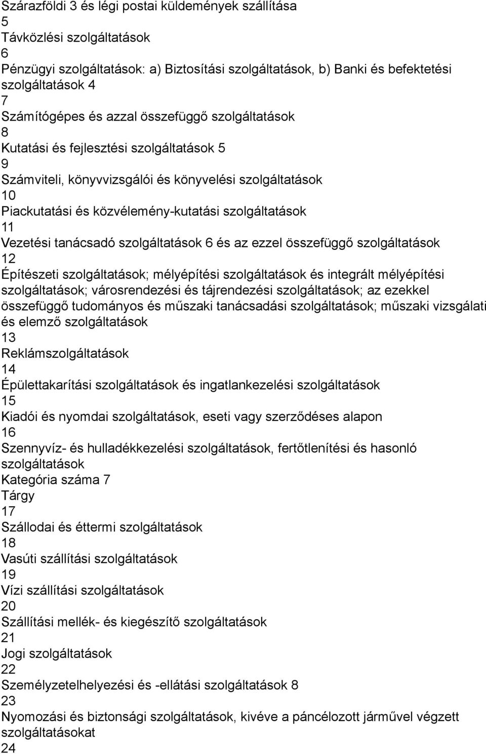 tanácsadó szolgáltatások 6 és az ezzel összefüggő szolgáltatások 12 Építészeti szolgáltatások; mélyépítési szolgáltatások és integrált mélyépítési szolgáltatások; városrendezési és tájrendezési