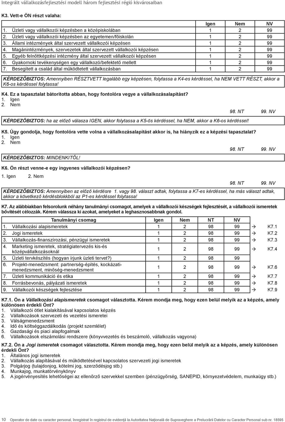 Egyéb felnőttképzési intézmény által szervezett vállalkozói képzésen 1 2 99 6. Gyakornoki tevékenységen egy vállalkozó/befektető mellett 1 2 99 7.