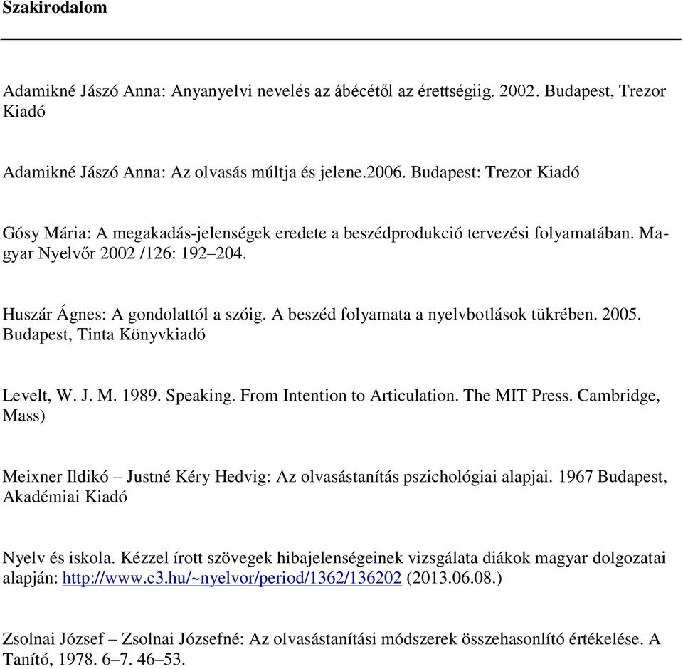 A beszéd flyamata a nyelvbtlásk tükrében. 2005. Budapest, Tinta Könyvkiadó Levelt, W. J. M. 1989. Speaking. Frm Intentin t Articulatin. The MIT Press.