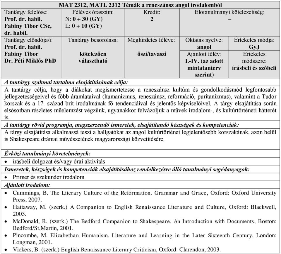 áramlataival (humanizmus, reneszánsz, reformáció, puritanizmus), valamint a Tudor korszak és a 17. század brit irodalmának fő tendenciáival és jelentős képviselőivel.