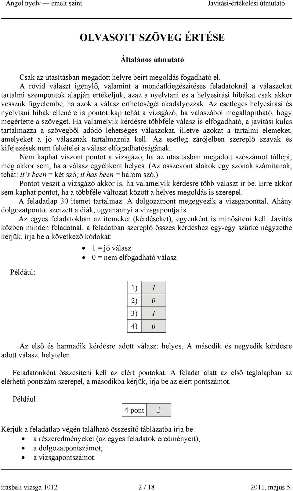 azok a válasz érthetőségét akadályozzák. Az esetleges helyesírási és nyelvtani hibák ellenére is pontot kap tehát a vizsgázó, ha válaszából megállapítható, hogy megértette a szöveget.