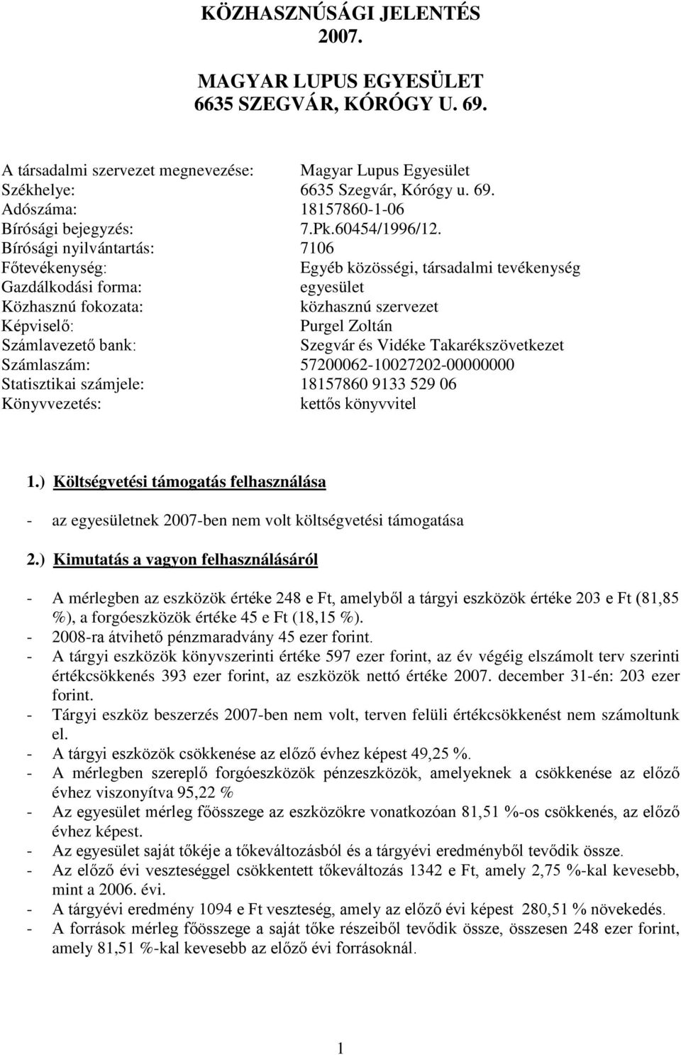 Bírósági nyilvántartás: 7106 Főtevékenység: Egyéb közösségi, társadalmi tevékenység Gazdálkodási forma: egyesület Közhasznú fokozata: közhasznú szervezet Képviselő: Számlavezető bank: Szegvár és