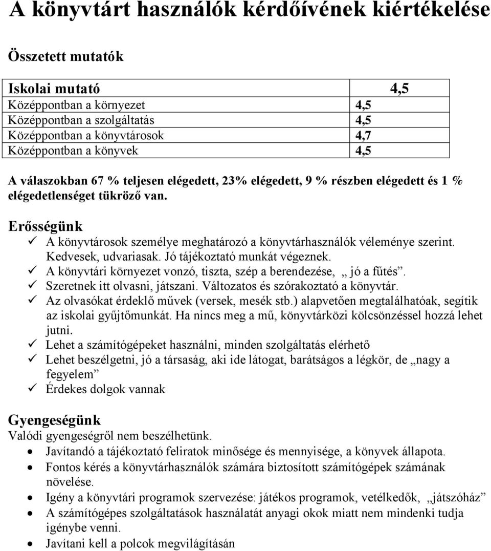 Erősségünk A könyvtárosok személye meghatározó a könyvtárhasználók véleménye szerint. Kedvesek, udvariasak. Jó tájékoztató munkát végeznek.