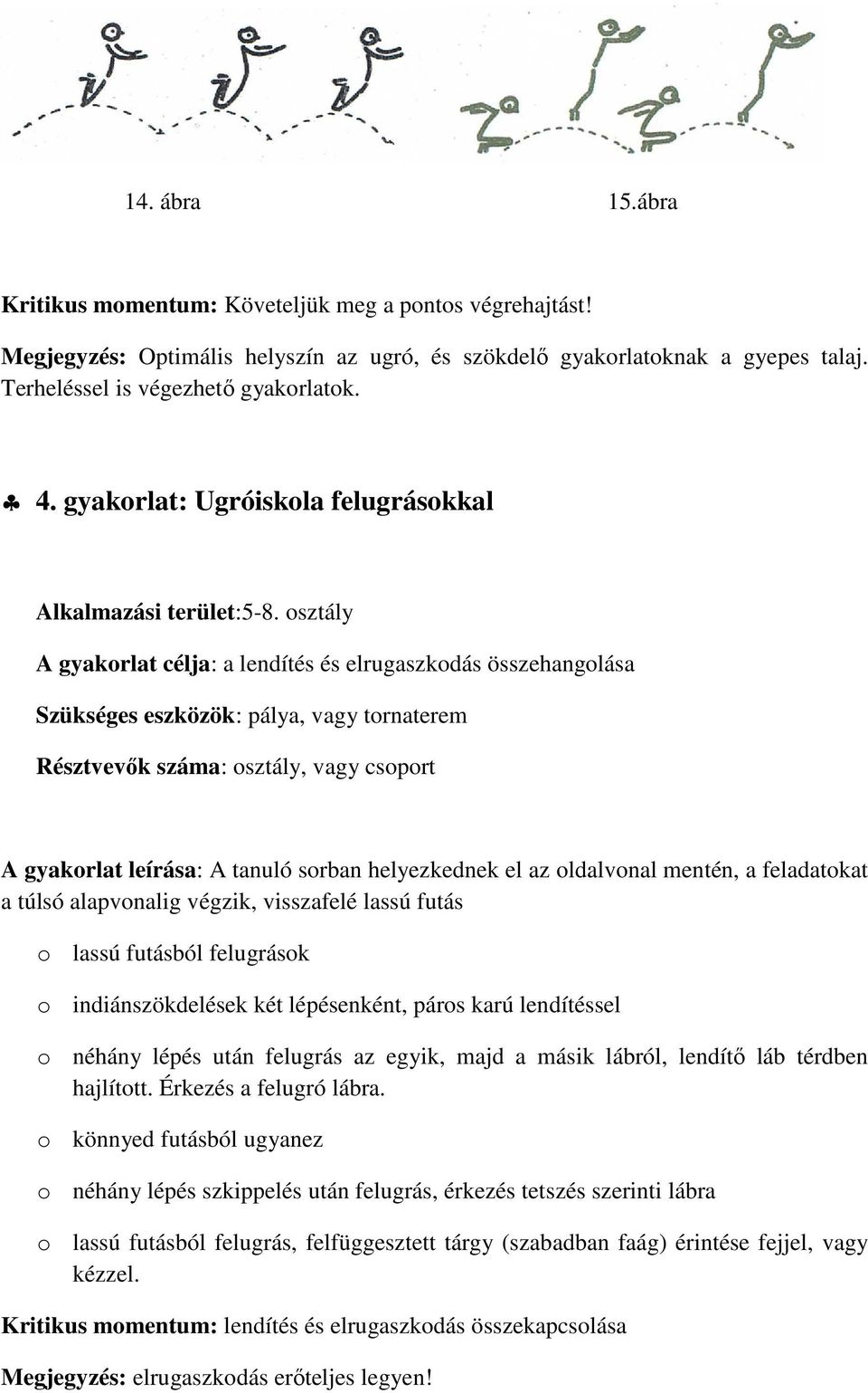 osztály A gyakorlat célja: a lendítés és elrugaszkodás összehangolása Szükséges eszközök: pálya, vagy tornaterem A gyakorlat leírása: A tanuló sorban helyezkednek el az oldalvonal mentén, a