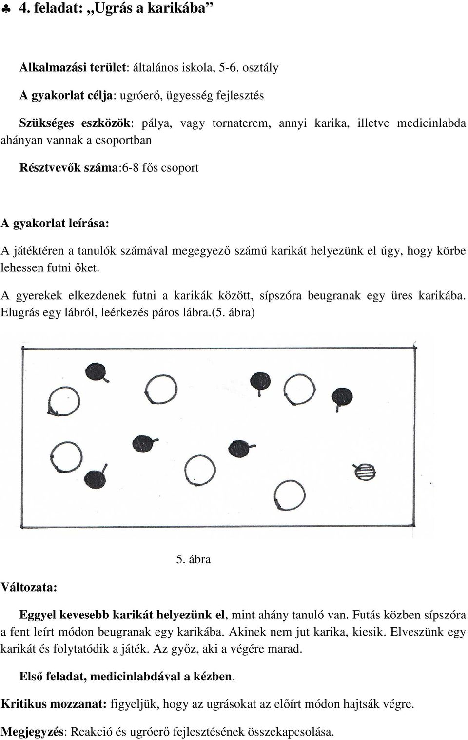 gyakorlat leírása: A játéktéren a tanulók számával megegyező számú karikát helyezünk el úgy, hogy körbe lehessen futni őket.