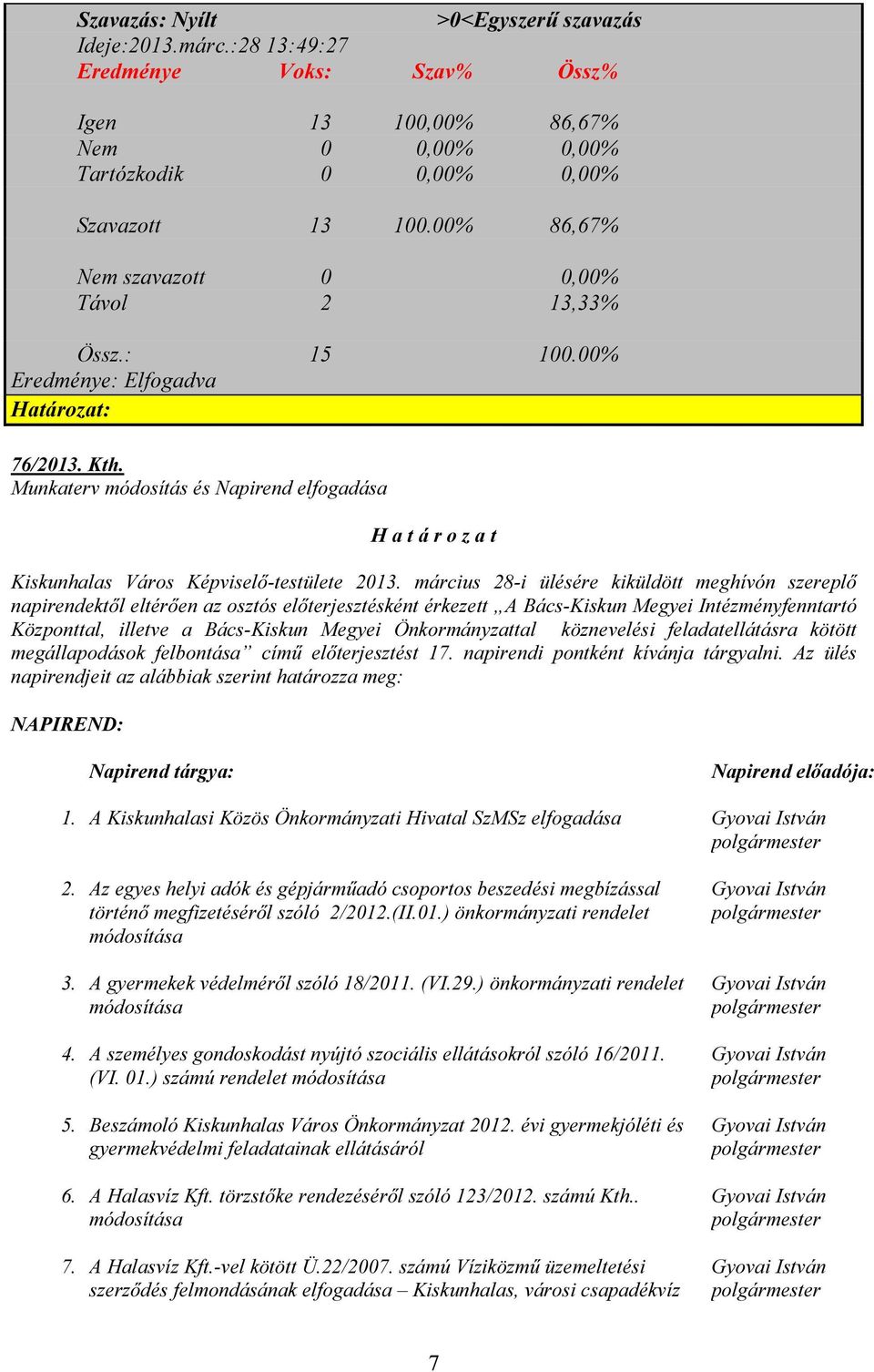 Munkaterv módosítás és Napirend elfogadása H a t á r o z a t Kiskunhalas Város Képviselő-testülete 2013.