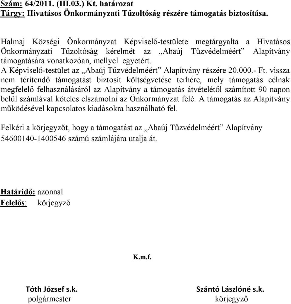 A Képviselő-testület az Abaúj Tűzvédelméért Alapítvány részére 20.000.- Ft.