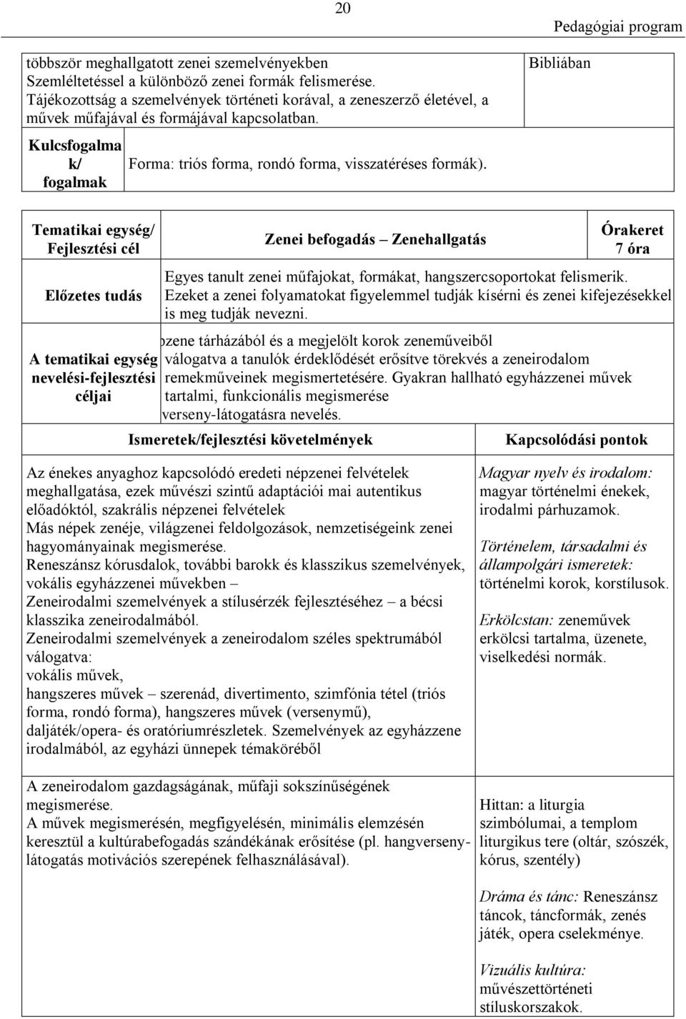 Bibliában Tematikai egység/ Zenei befogadás Zenehallgatás 7 óra Egyes tanult zenei műfajokat, formákat, hangszercsoportokat felismerik.