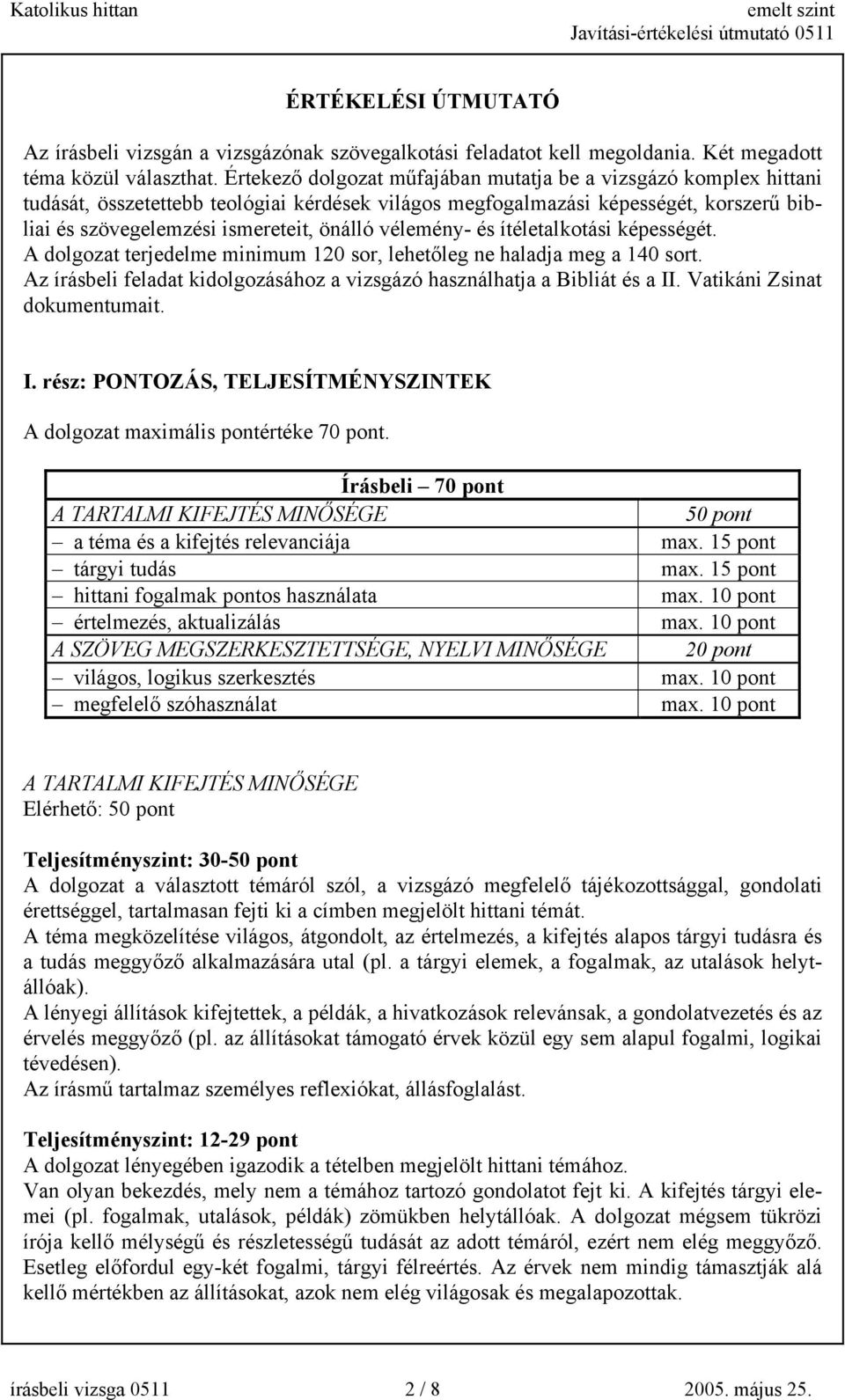 vélemény- és ítéletalkotási képességét. A dolgozat terjedelme minimum 120 sor, lehetőleg ne haladja meg a 140 sort. Az írásbeli feladat kidolgozásához a vizsgázó használhatja a Bibliát és a II.