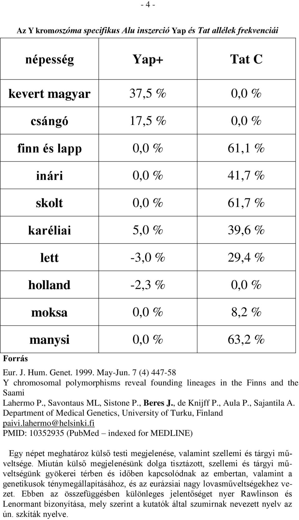 7 (4) 447-58 Y chromosomal polymorphisms reveal founding lineages in the Finns and the Saami Lahermo P., Savontaus ML, Sistone P., Beres J., de Knijff P., Aula P., Sajantila A.