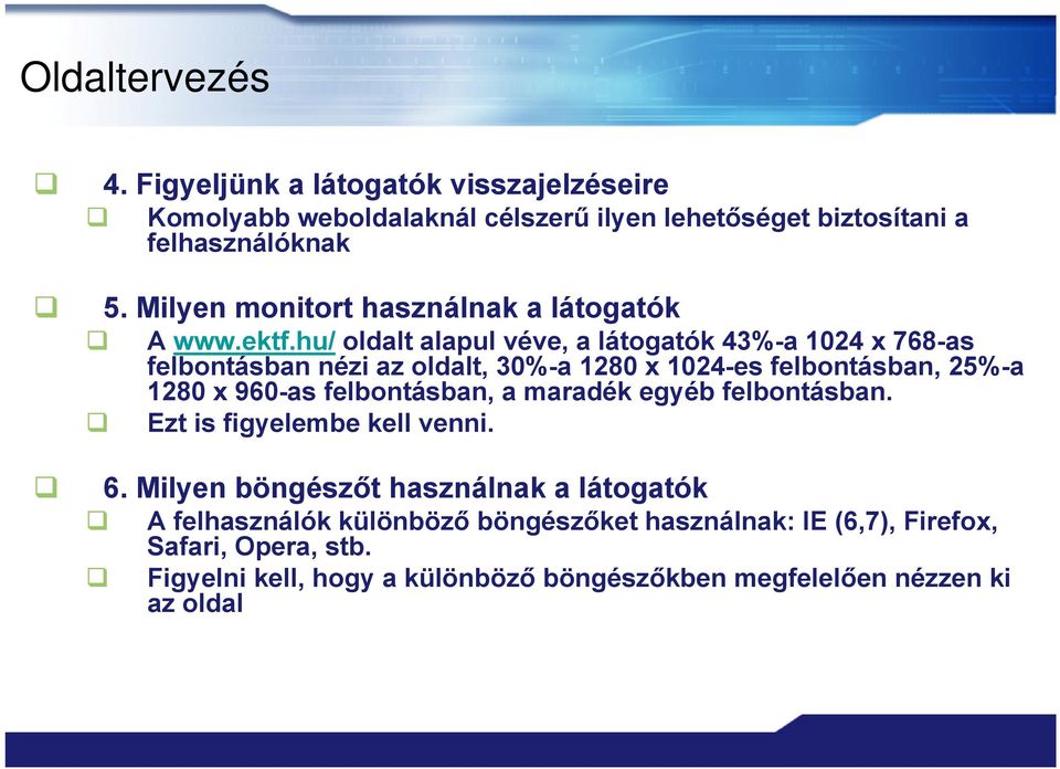 hu/ oldalt alapul véve, a látogatók 43%-a 1024 x 768-as felbontásban nézi az oldalt, 30%-a 1280 x 1024-es felbontásban, 25%-a 1280 x 960-as