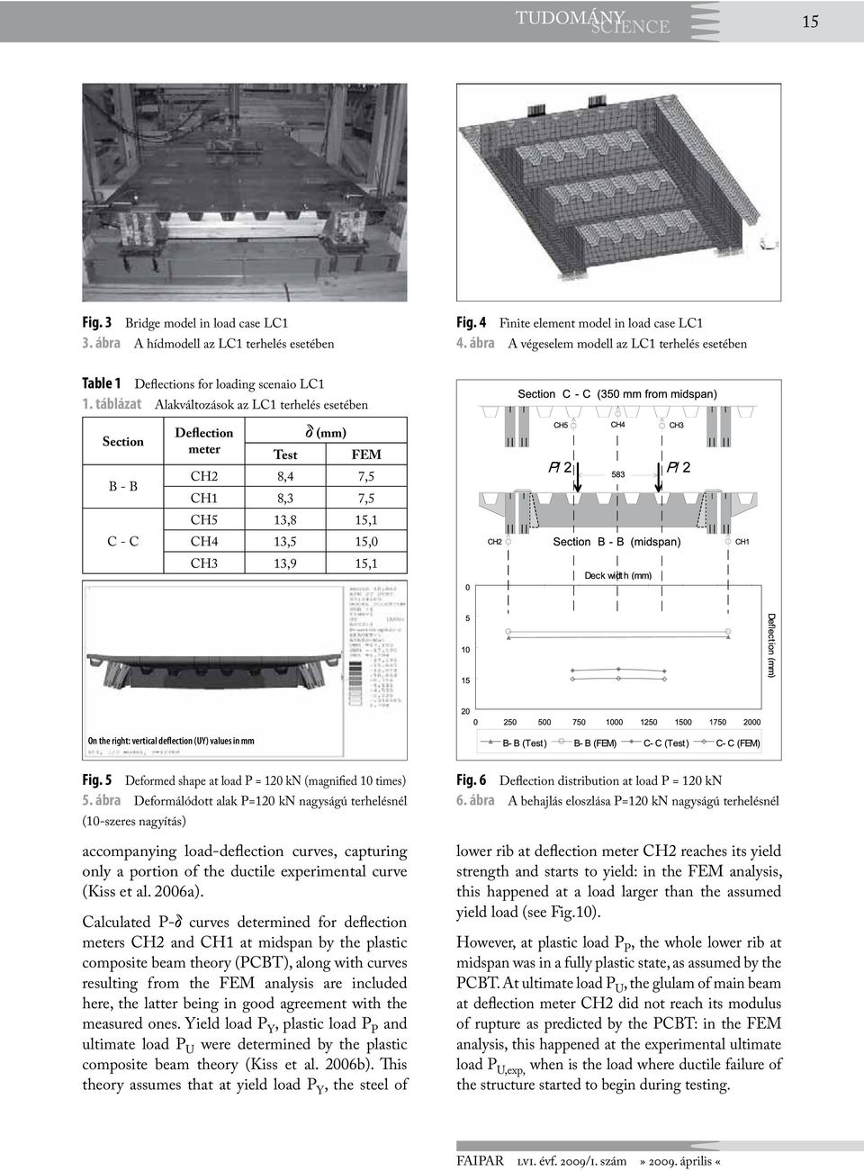 táblázat Alakváltozások az LC1 terhelés esetében Section B - B C - C Deflection meter δ (mm) Test FEM CH2 8,4 7,5 CH1 8,3 7,5 CH5 13,8 15,1 CH4 13,5 15,0 CH3 13,9 15,1 On the right: vertical