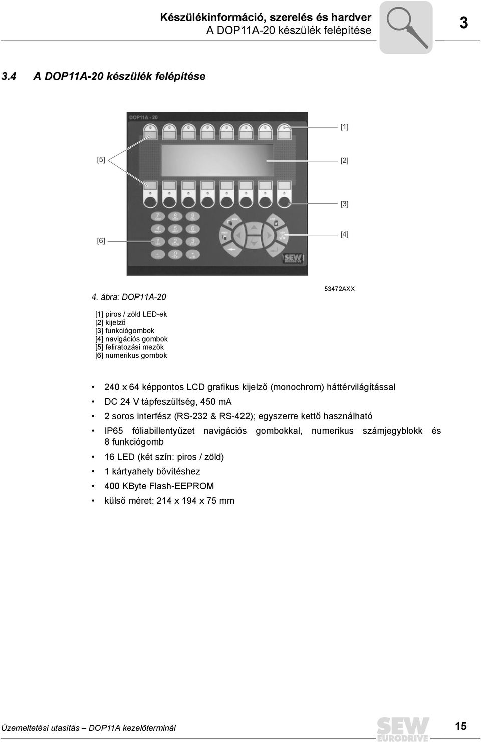 grafikus kijelző (monochrom) háttérvilágítással DC 24 V tápfeszültség, 450 ma 2 soros interfész (RS-232 & RS-422); egyszerre kettő használható IP65 fóliabillentyűzet