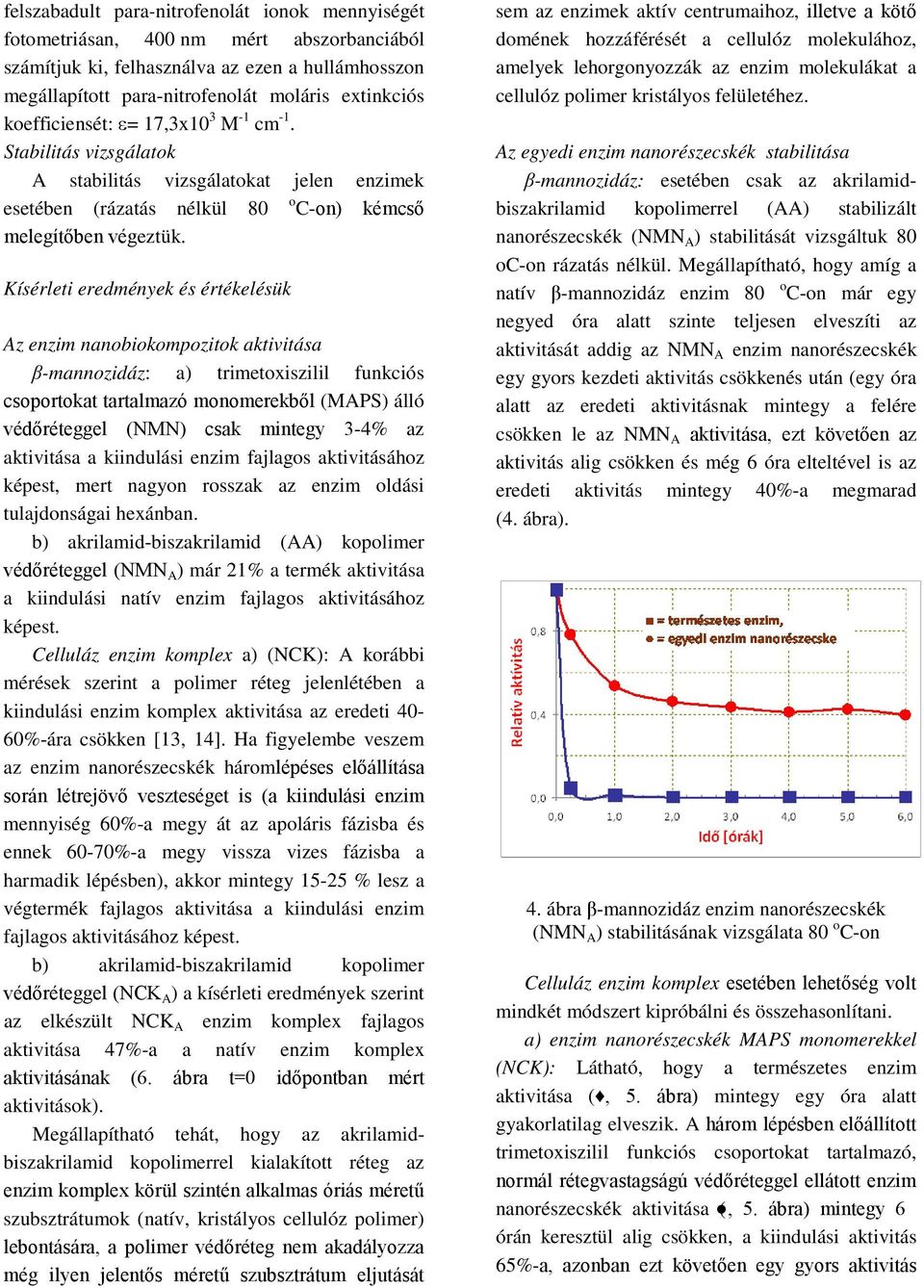 Kísérleti eredmények és értékelésük Az enzim nanobiokompozitok aktivitása β-mannozidáz: a) trimetoxiszilil funkciós csoportokat tartalmazó monomerekből (MAPS) álló védőréteggel (NMN) csak mintegy
