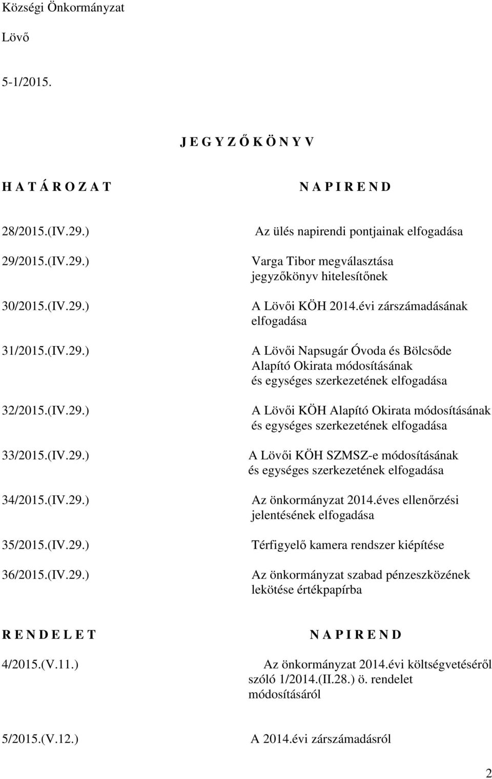 évi zárszámadásának elfogadása A Lövői Napsugár Óvoda és Bölcsőde Alapító Okirata módosításának és egységes szerkezetének elfogadása A Lövői KÖH Alapító Okirata módosításának és egységes