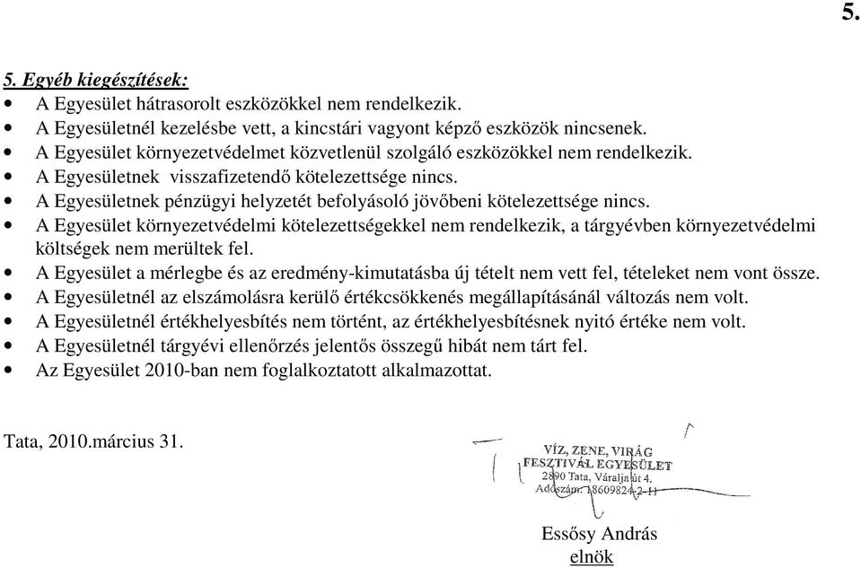 A Egyesületnek pénzügyi helyzetét befolyásoló jövőbeni kötelezettsége nincs. A Egyesület környezetvédelmi kötelezettségekkel nem rendelkezik, a tárgyévben környezetvédelmi költségek nem merültek fel.