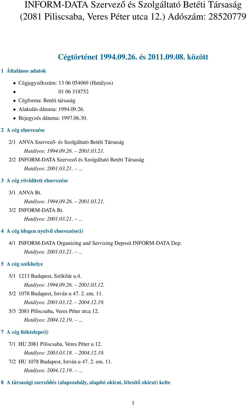 ... 3 A cég rövidített elnevezése 3/1 ANVA Bt. 3/2 INFORM-DATA Bt. Hatályos: 2001.03.21.... 4 A cég idegen nyelvű elnevezése(i) 4/1 INFORM-DATA Organizing and Servizing Deposit INFORM-DATA Dep.