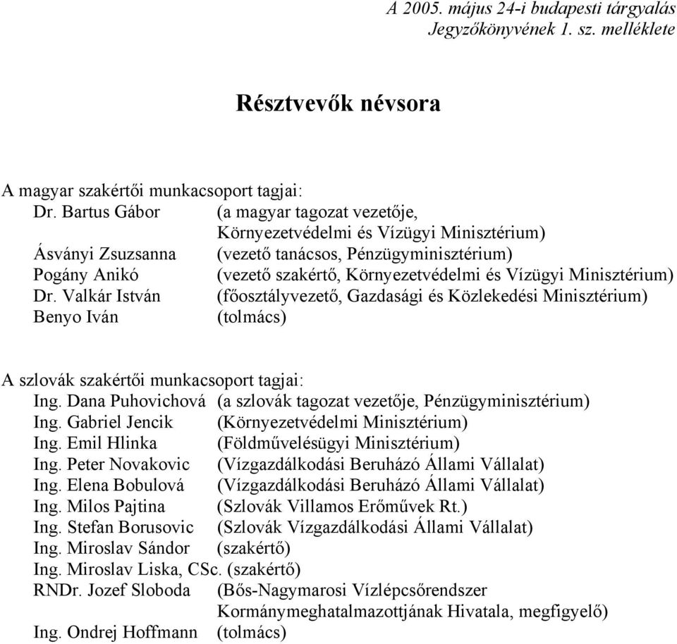 Minisztérium) Dr. Valkár István (főosztályvezető, Gazdasági és Közlekedési Minisztérium) Benyo Iván (tolmács) A szlovák szakértői munkacsoport tagjai: Ing.