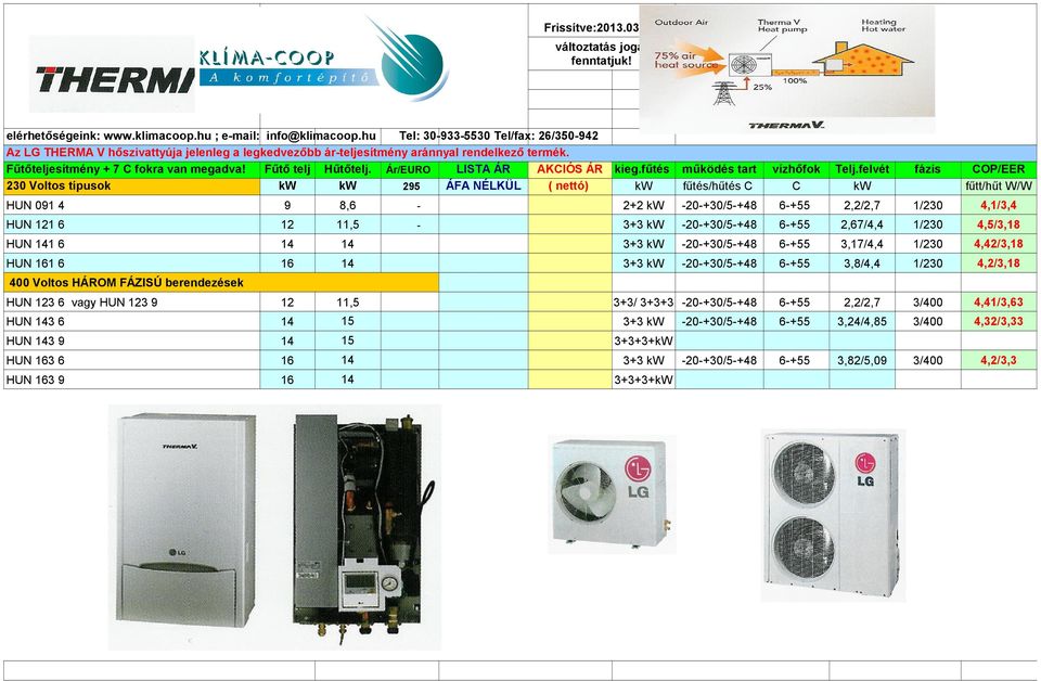 Ár/EURO LISTA ÁR AKCIÓS ÁR kieg.fűtés működés tart 230 Voltos típusok ( nettó) 295 ÁFA NÉLKÜL fűtés/hűtés C vízhőfok C Telj.