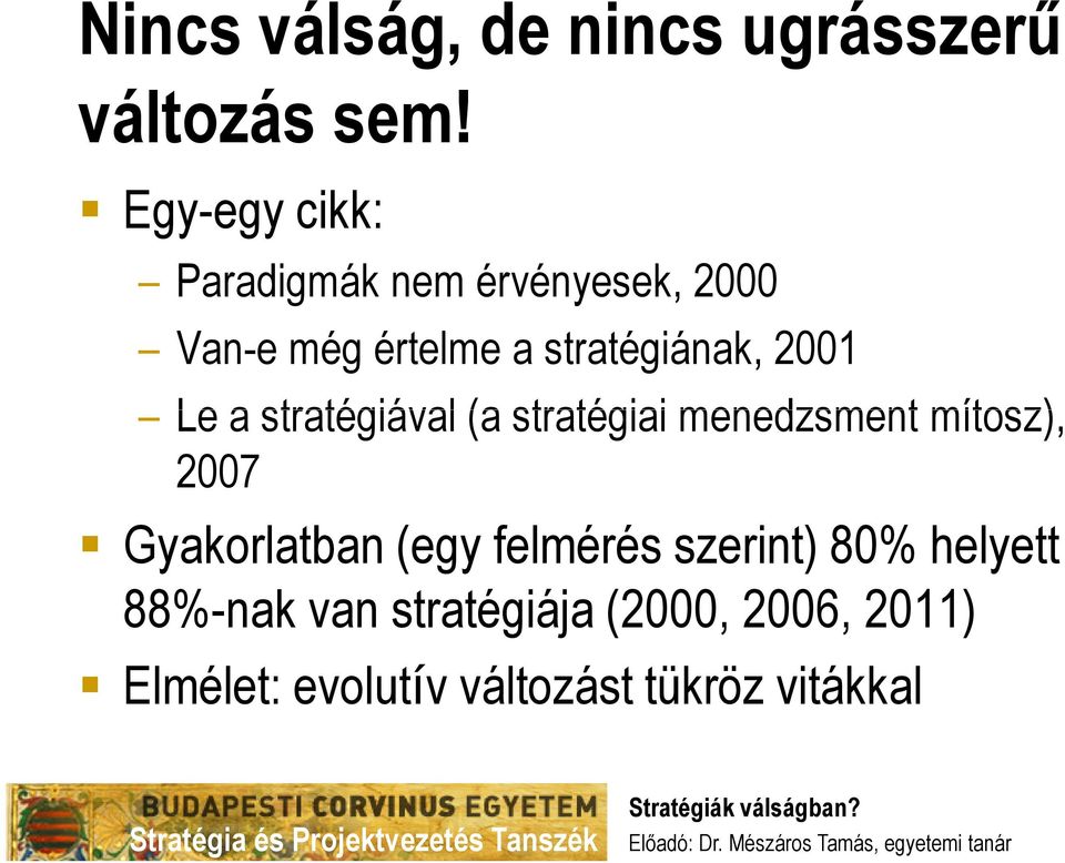 2001 Le a stratégiával (a stratégiai menedzsment mítosz), 2007 Gyakorlatban (egy