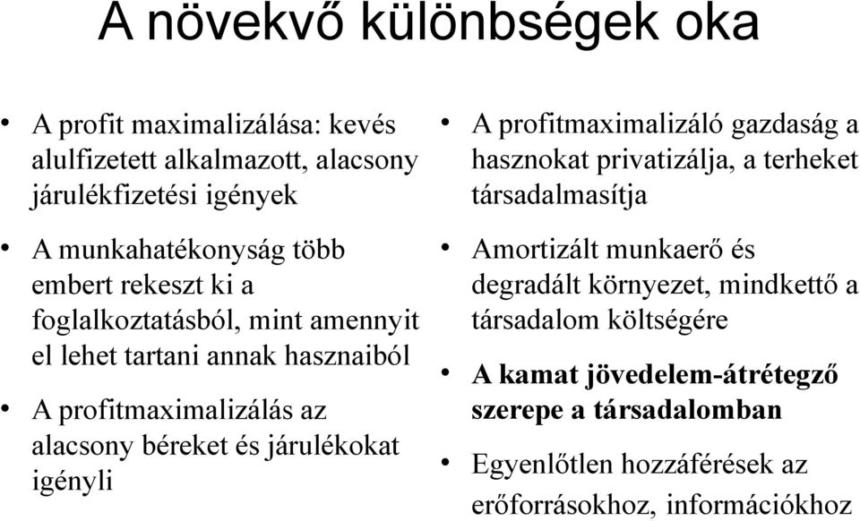 járulékokat igényli A profitmaximalizáló gazdaság a hasznokat privatizálja, a terheket társadalmasítja Amortizált munkaerő és degradált