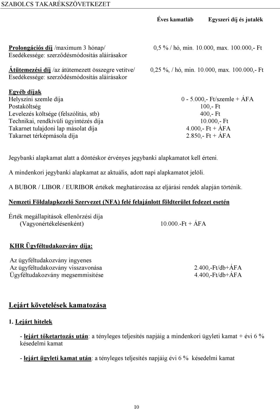 000,- Ft 0,25 %, / hó, min. 10.000, max. 100.000,- Ft 0-5.000,- Ft/szemle + ÁFA 100,- Ft 400,- Ft 10.000,- Ft 4.000,- Ft + ÁFA 2.