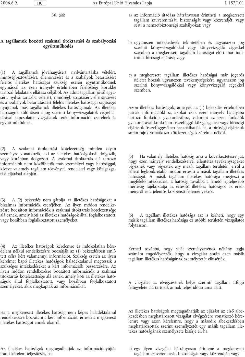 titoktartási és szabályozási együttműködés b) ugyanezen intézkedések tekintetében és ugyanazon jog szerinti könyvvizsgálókkal vagy könyvvizsgáló cégekkel szemben a megkeresett tagállam hatóságai