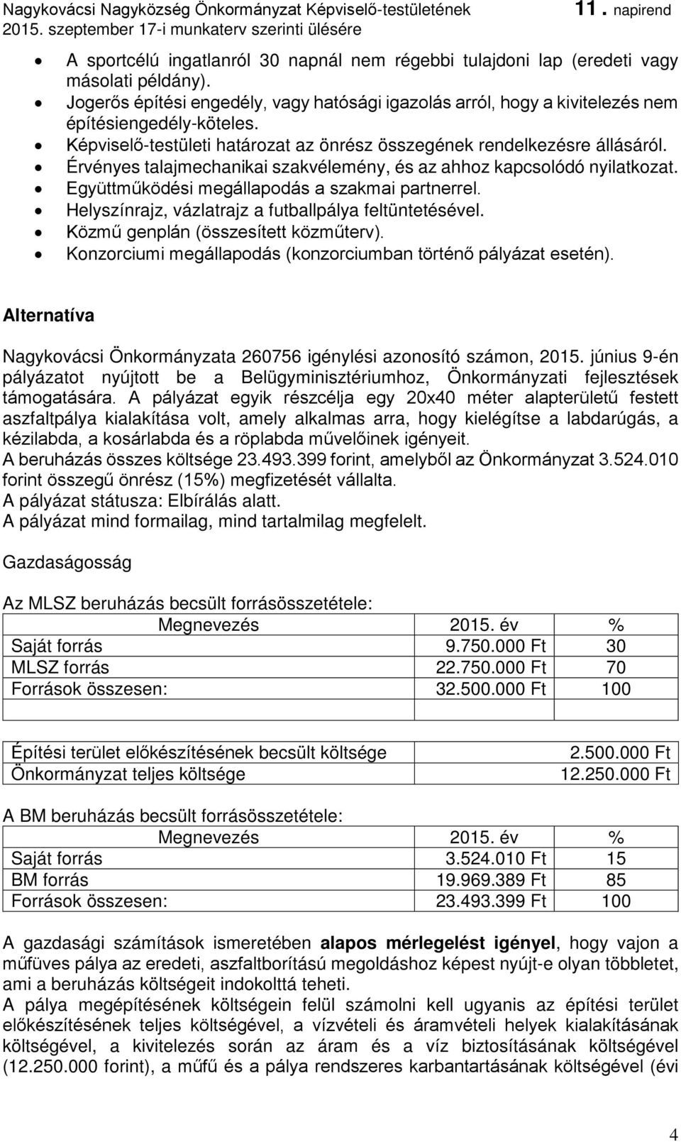 Helyszínrajz, vázlatrajz a futballpálya feltüntetésével. Közmű genplán (összesített közműterv). Konzorciumi megállapodás (konzorciumban történő pályázat esetén).