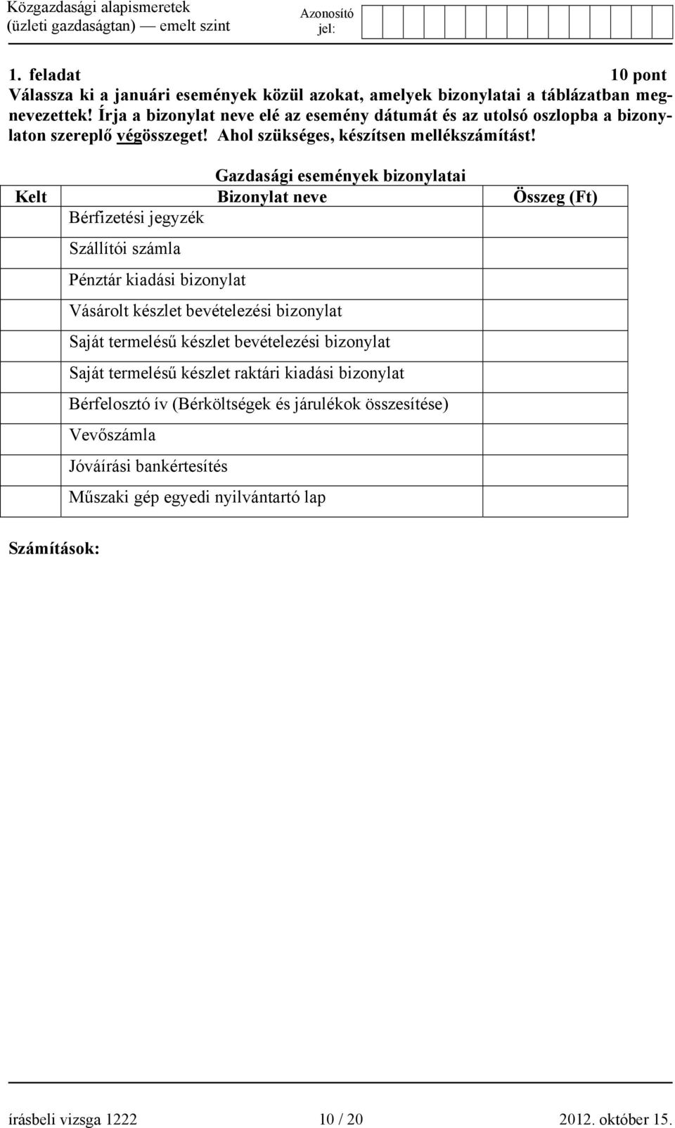 Gazdasági események bizonylatai Kelt Bizonylat neve Összeg (Ft) Bérfizetési jegyzék Szállítói számla Pénztár kiadási bizonylat Vásárolt készlet bevételezési bizonylat Saját