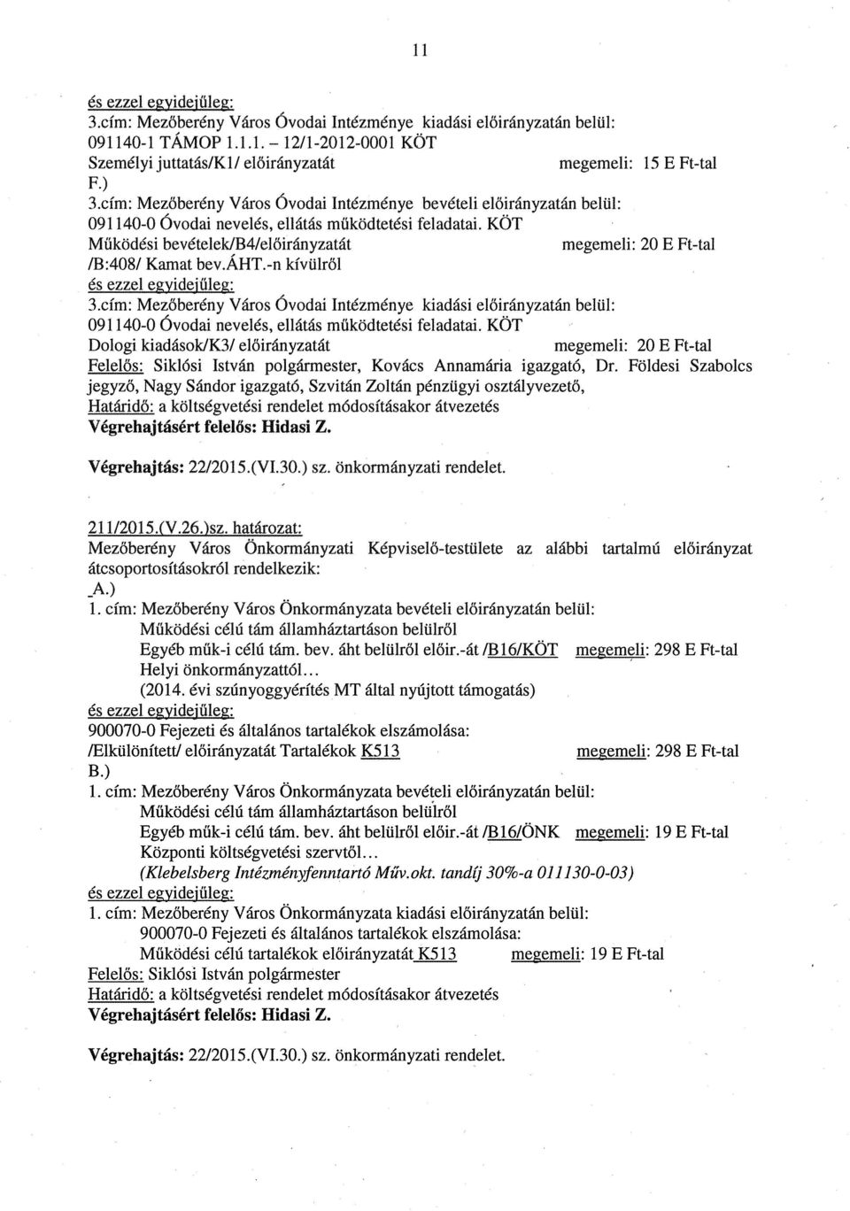 Kamat bev.aht.-n kívülről 3.cím: Mezőberény Város Óvodaí Intézménye kiadási előirányzatán belül: 091140-0 Óvodai nevelés, ellátás működtetési feladatai. KÖT Dologi kiadásokik3!