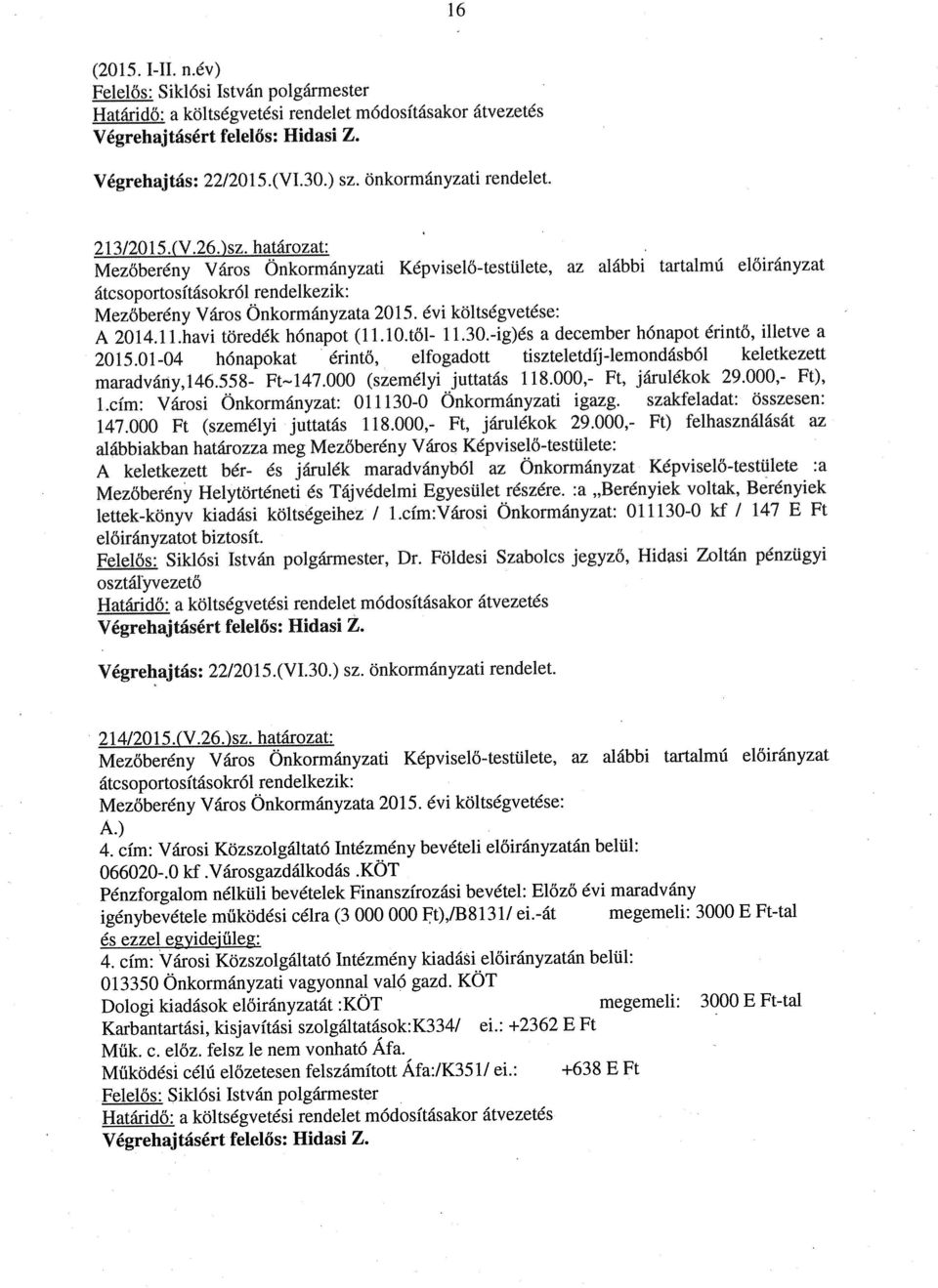 11,havi töredék hónapot (11.10.től- 11.30.-ig)és a december hónapot érintő, illetve a 2015.01-04 hónapokat érintő, elfogadott tiszteletdíj-lemondásból keletkezett maradvány, 146.558- Ft-i47.