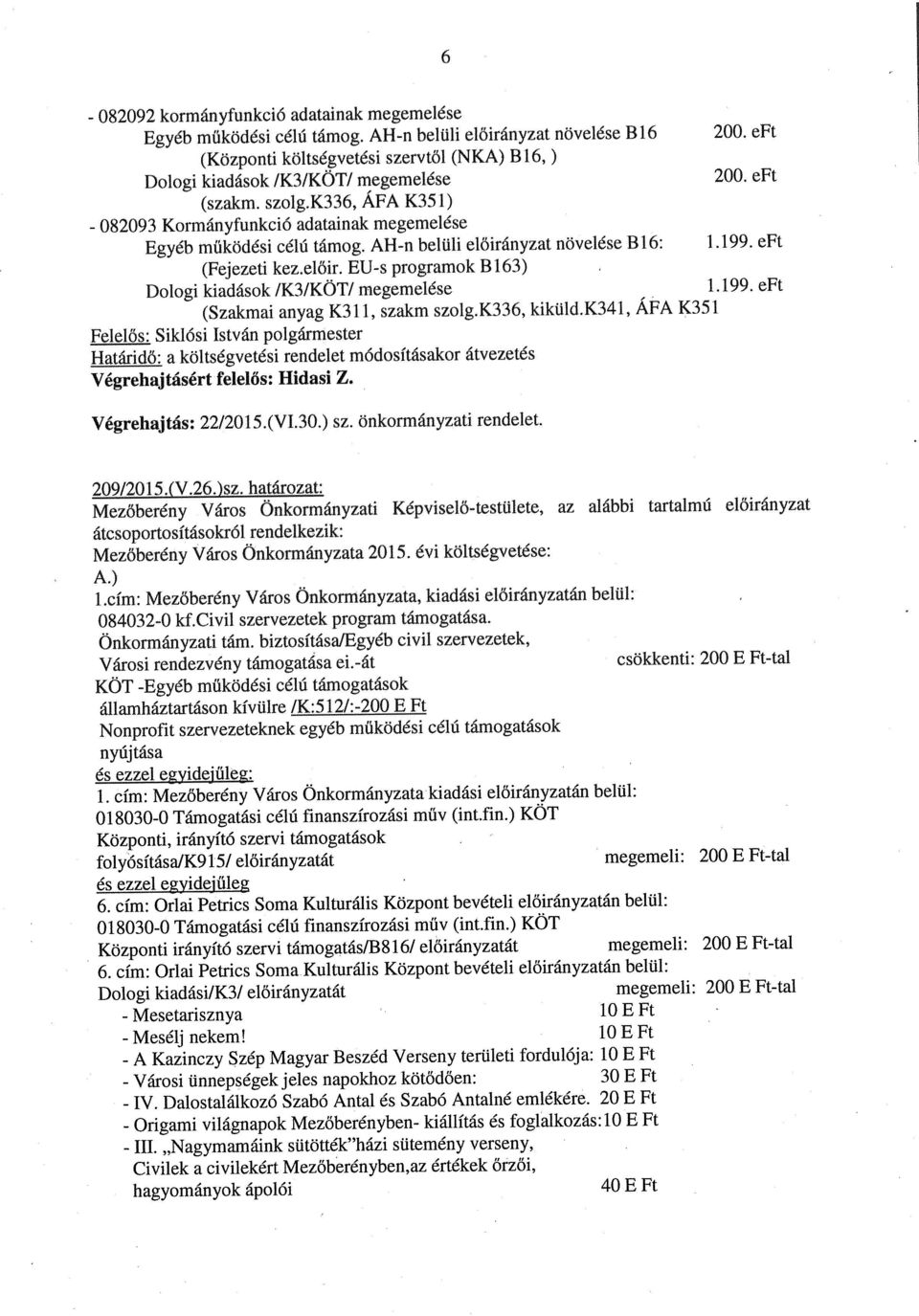 k336, ÁFA K351) Kormányfunkció adatainak megemelése Egyéb működési célú támog, AH-n belüli előirányzat növelése B16: (Fejezeti kez.előir. EU-s programok 8163) Dologi kiadások /K3/KÖT/ megemelése (Szakmai anyag K311, szakm szolg.