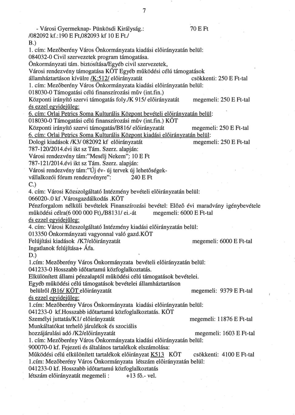 előirányzatát csökkenti: 250 E Ft-tal 018030-0 Támogatási célú finanszírozási műv (int,fin.) Központi irányító szervi támogatás foly.!k 915!