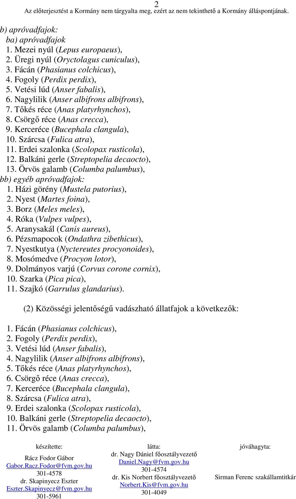 Erdei szalonka (Scolopax rusticola), 12. Balkáni gerle (Streptopelia decaocto), 13. Örvös galamb (Columba palumbus), bb) egyéb apróvadfajok: 1. Házi görény (Mustela putorius), 2.